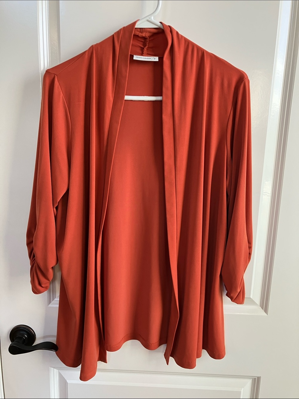 Susan Graver Open-Front Cardigan in Rust Orange